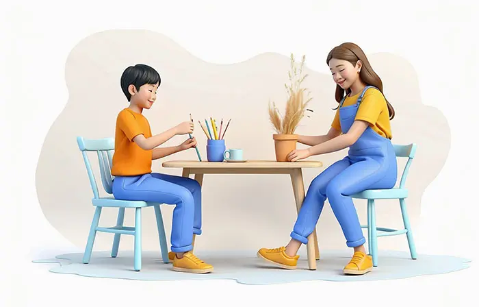 Sibling Interaction at Table 3D Design Illustration